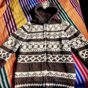 Handknit wool Cowichan sweater-coat